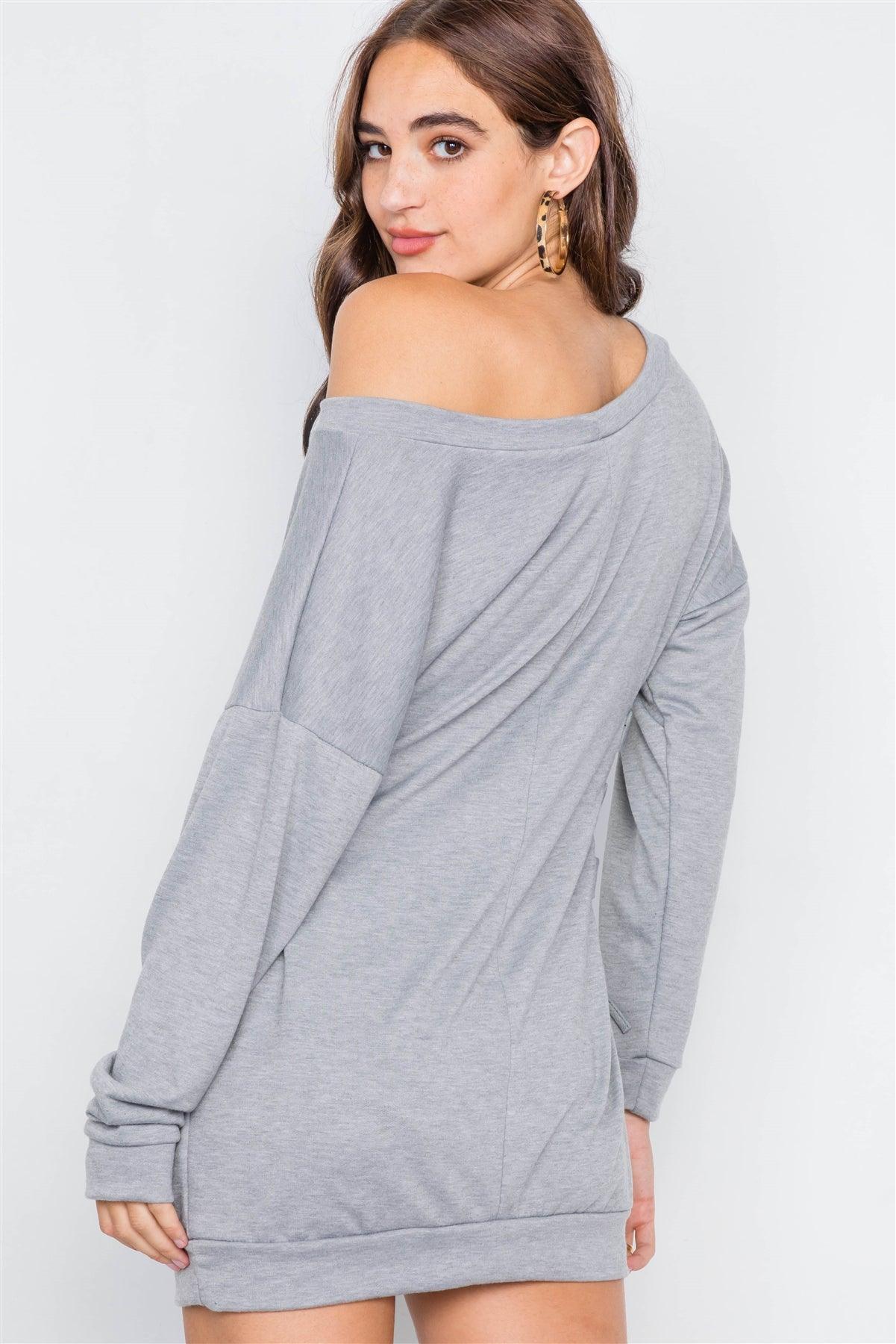 Grey Relaxed Fit Lace-Up Sides Mini Sweater Dress  /2-2-2