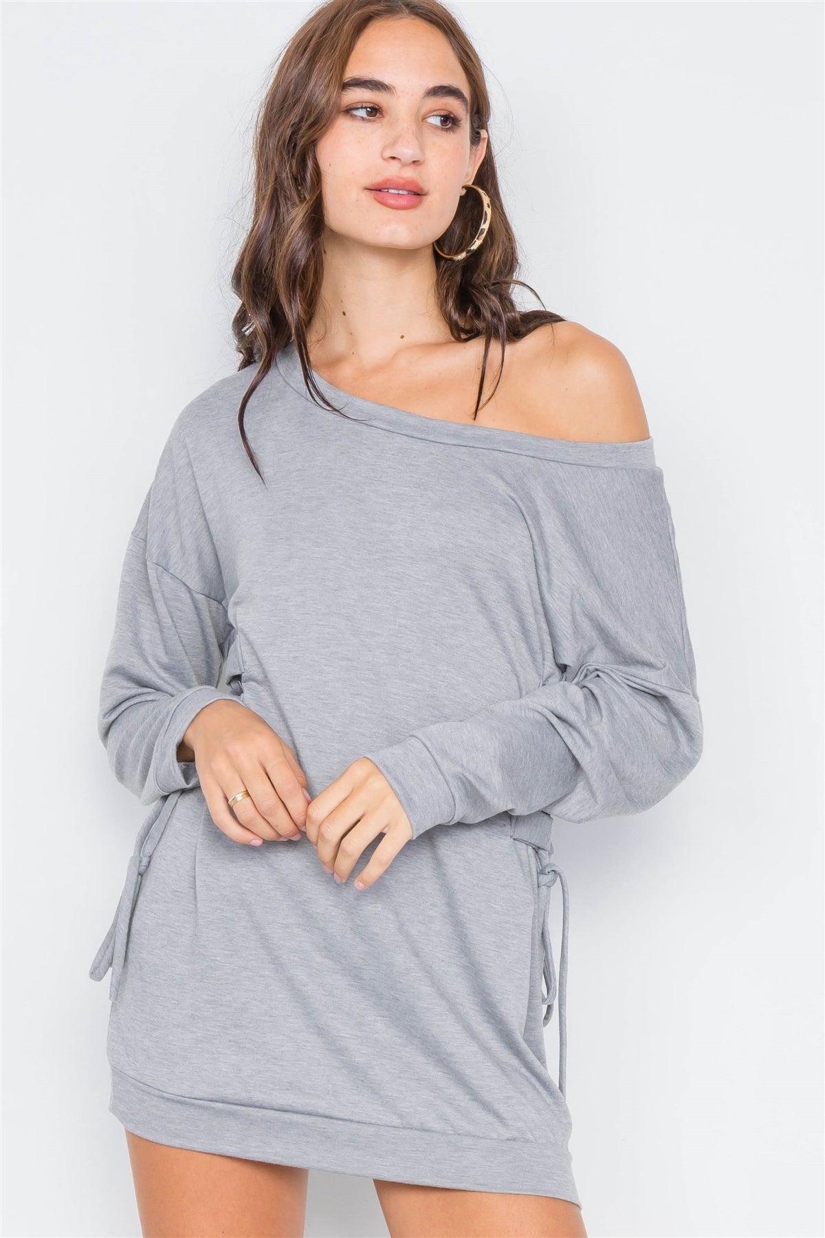 Grey Relaxed Fit Lace-Up Sides Mini Sweater Dress  /2-2-2