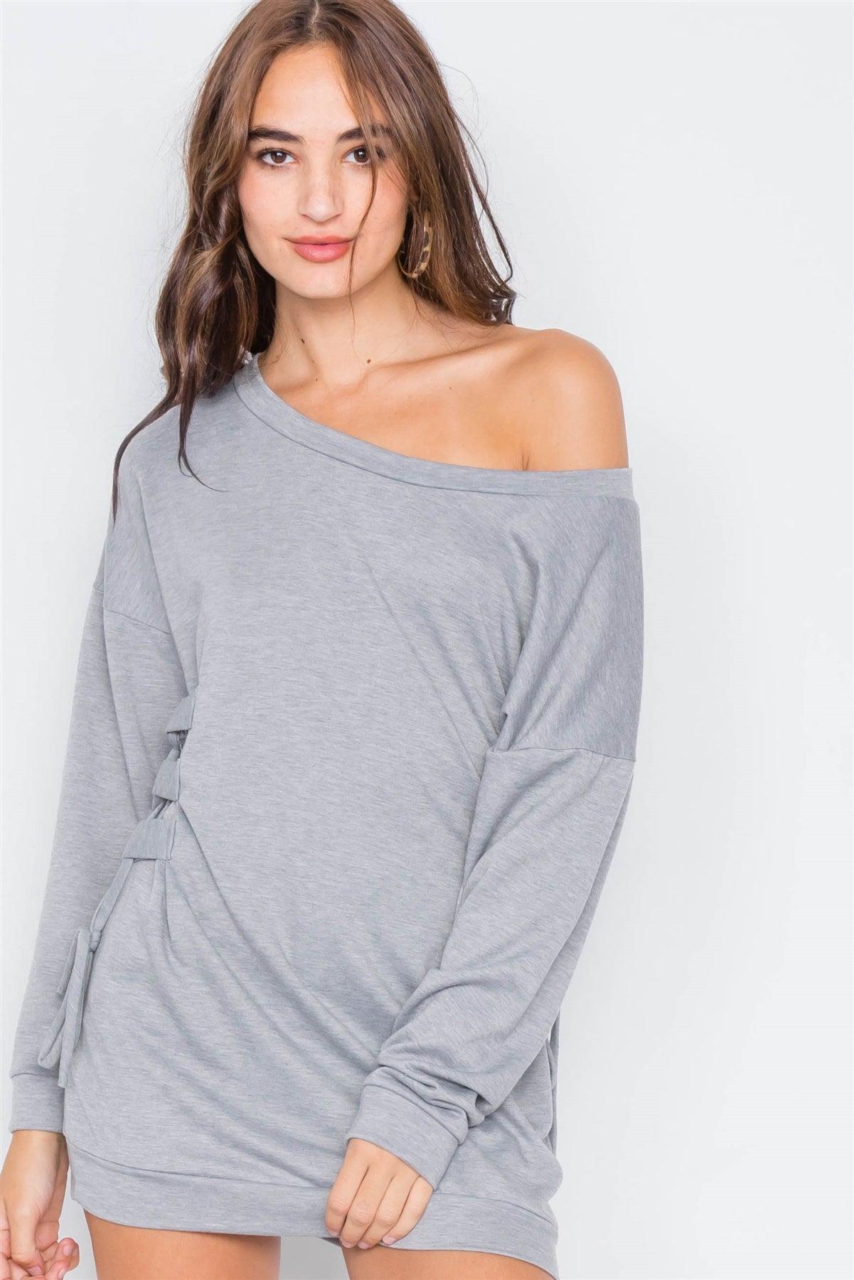 Grey Relaxed Fit Lace-Up Sides Mini Sweater Dress  /2-2-2