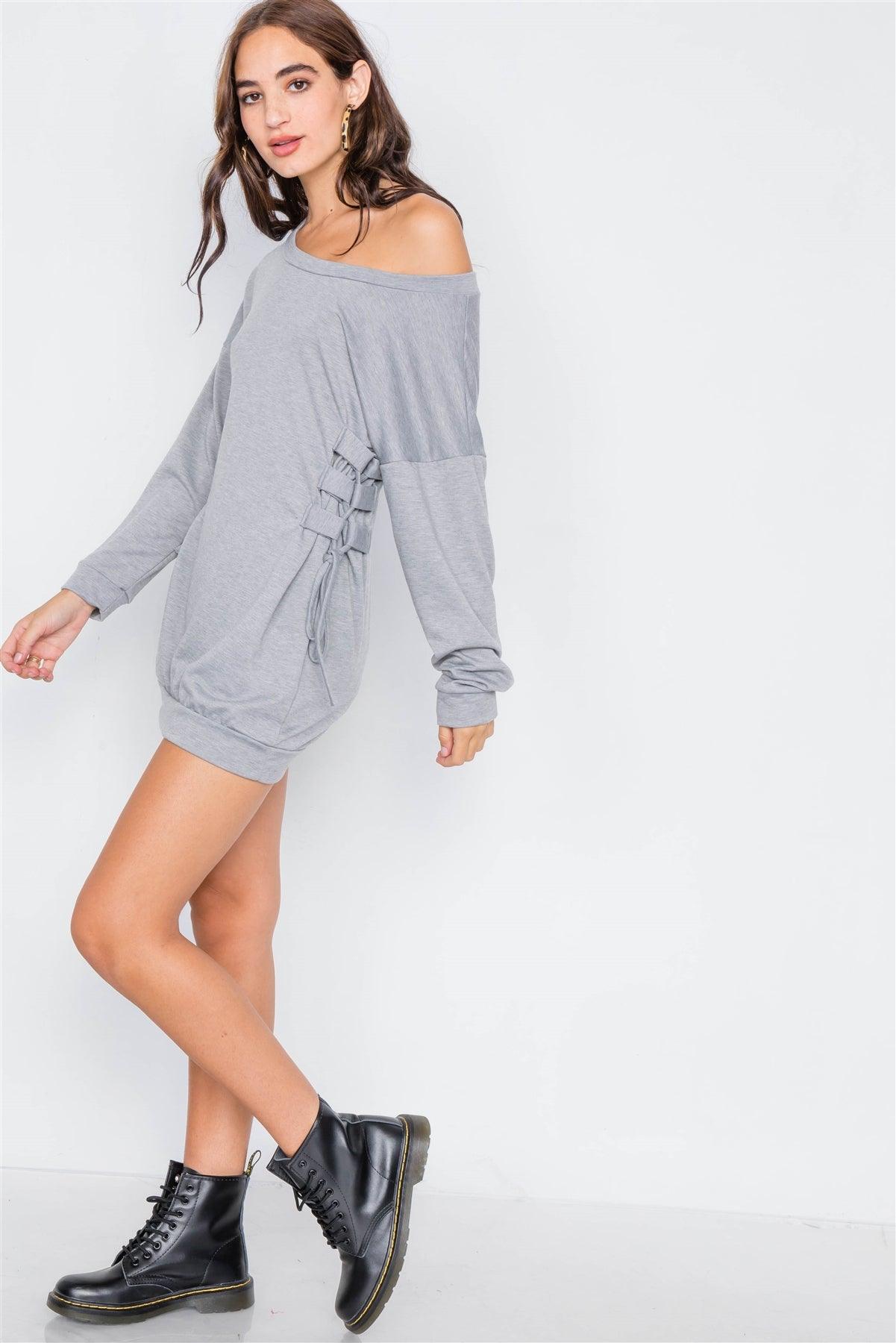 Grey Relaxed Fit Lace-Up Sides Mini Sweater Dress  /2-2-2