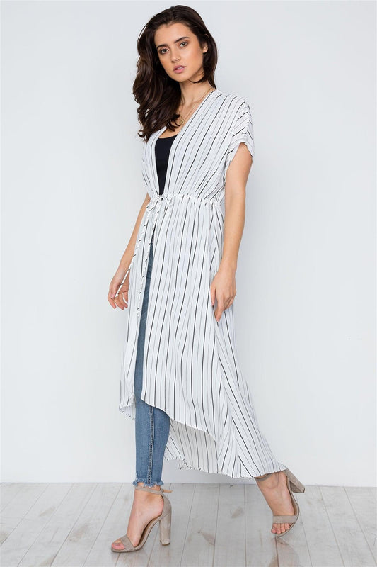 White Stripe High Low Cover Up Kimono / 2-2-2