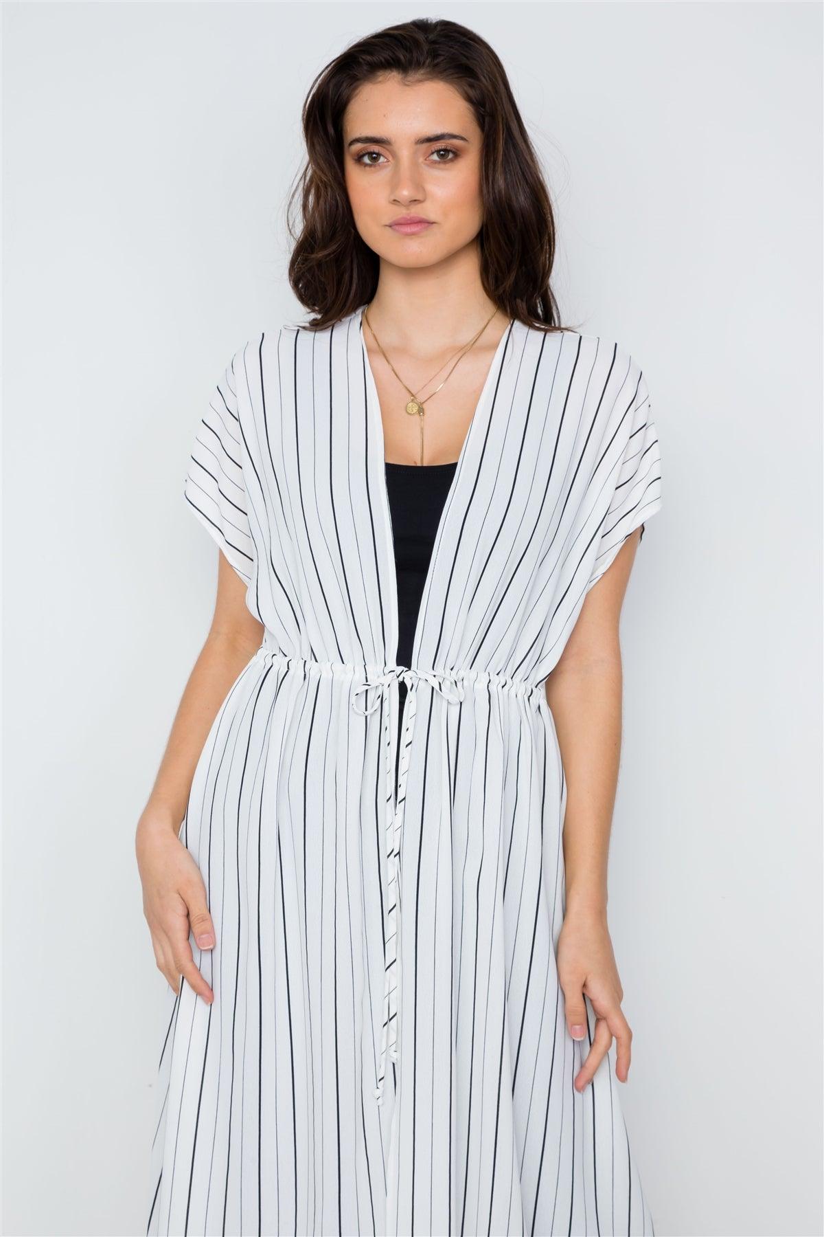 White Stripe High Low Cover Up Kimono