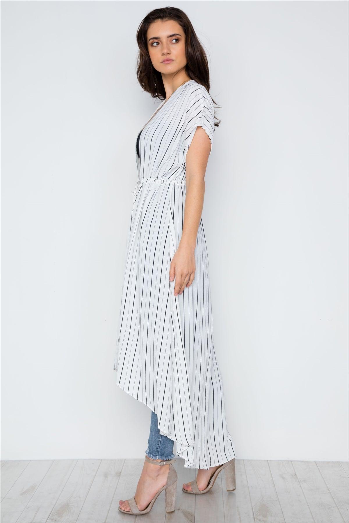 White Stripe High Low Cover Up Kimono