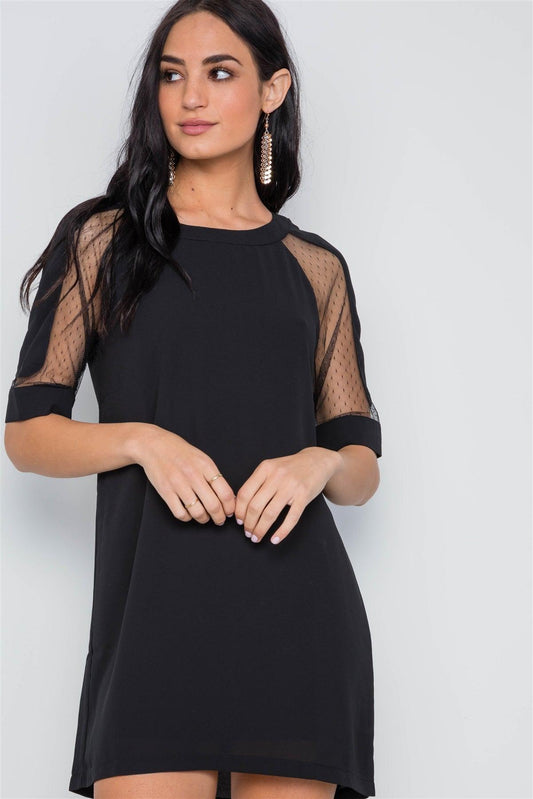 Black Sheer Dotted Sleeves Mini Shirt Dress /4-2