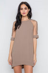 Taupe Sheer Dotted Sleeves Mini Shirt Dress /3-2-1