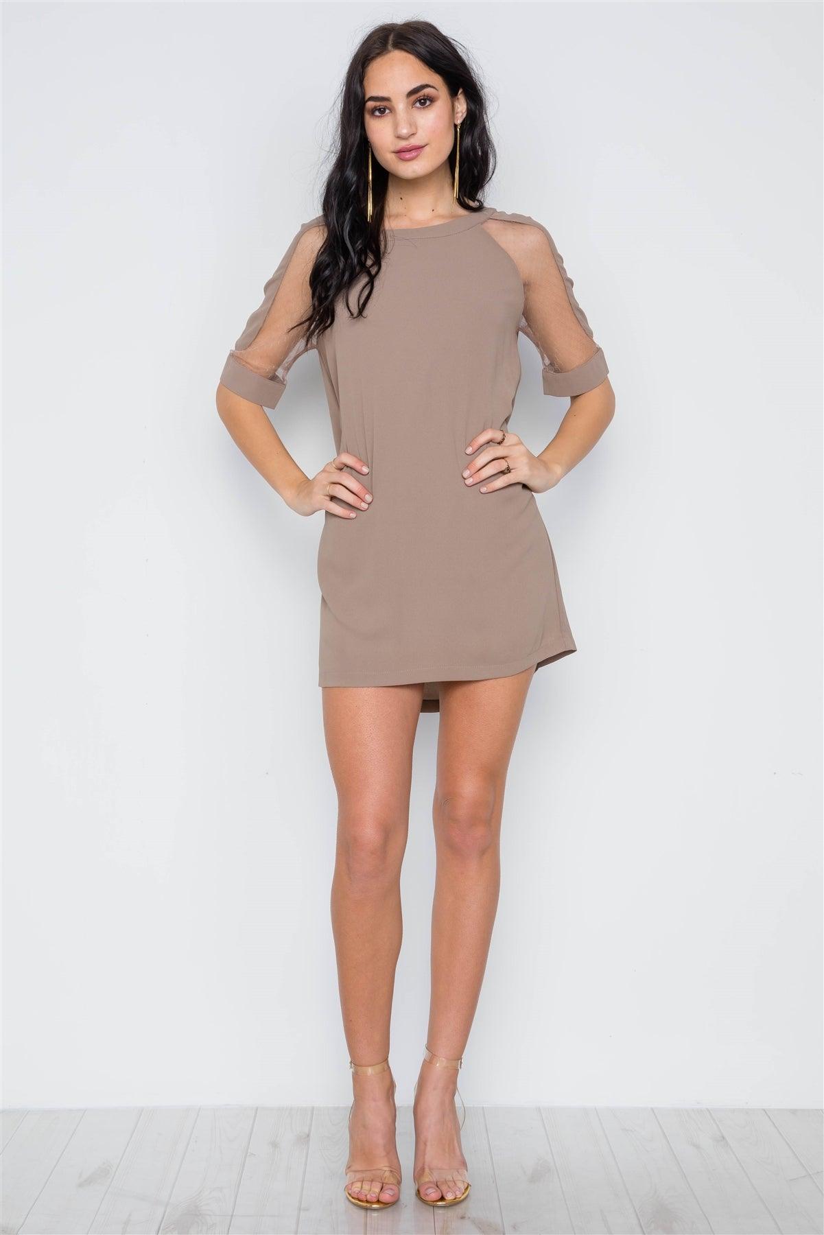 Taupe Sheer Dotted Sleeves Mini Shirt Dress /3-2-1