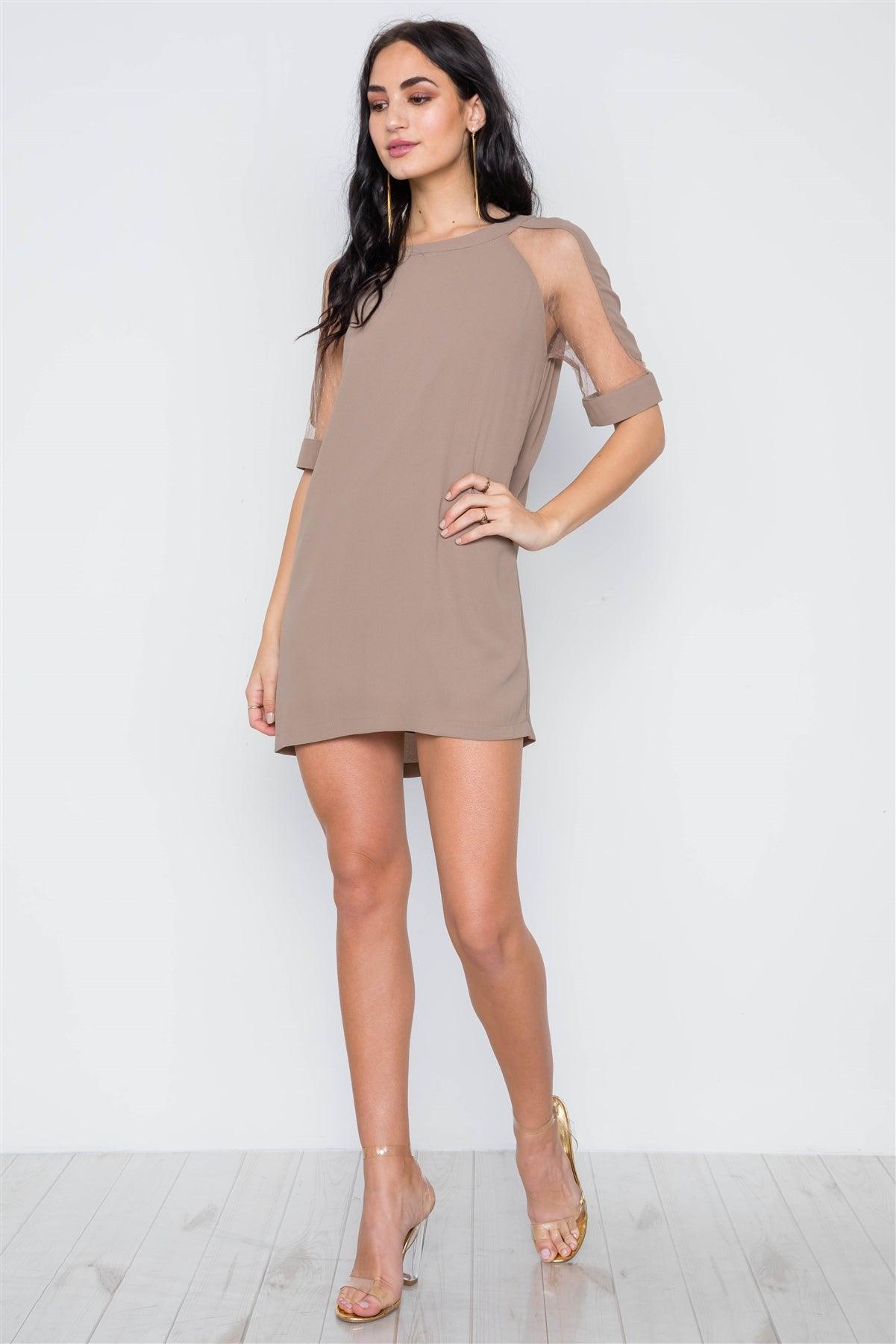 Taupe Sheer Dotted Sleeves Mini Shirt Dress /3-2-1