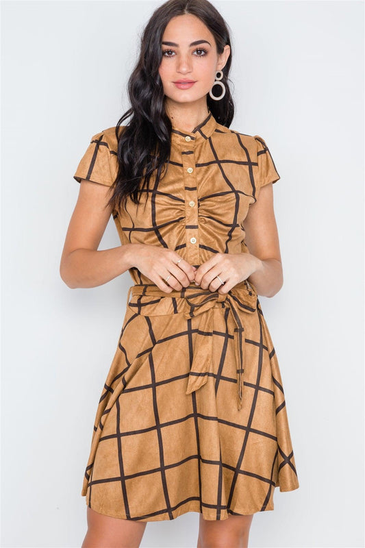 Coffee Check A-Line Faux Suede Mini Dress /2-2-2