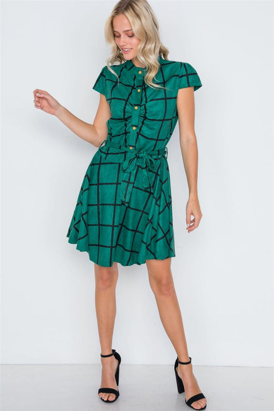 Dark Green Check A-Line Faux Suede Mini Dress /2-2