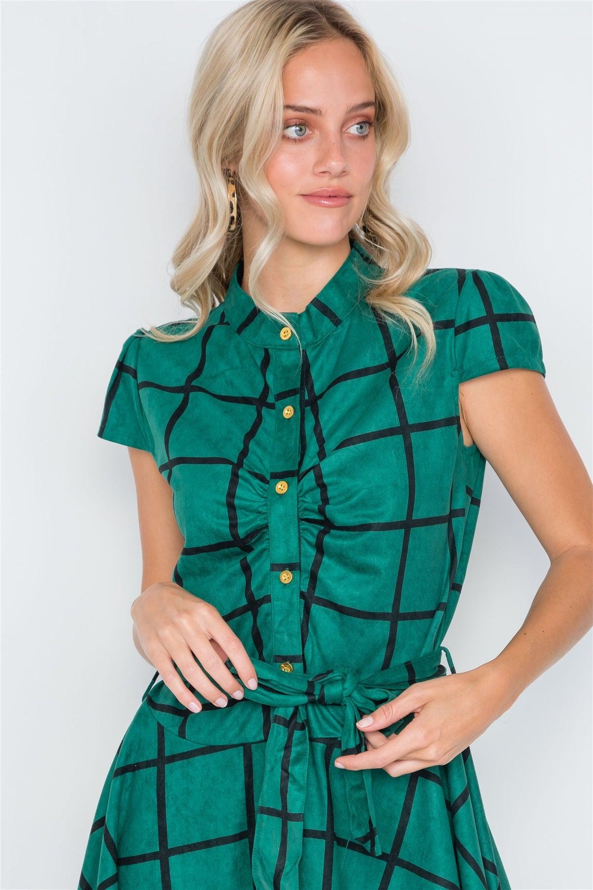 Dark Green Check A-Line Faux Suede Mini Dress /2-2