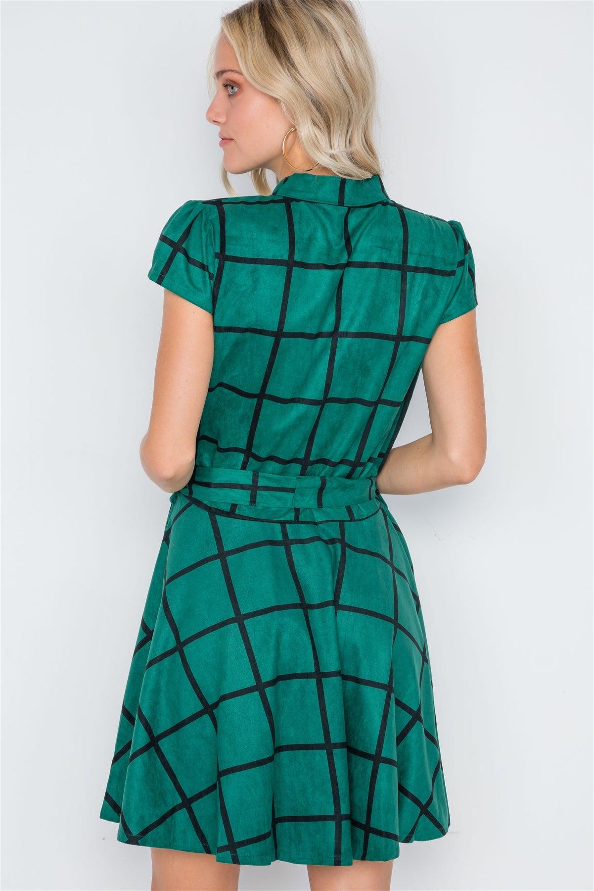 Dark Green Check A-Line Faux Suede Mini Dress /2-2