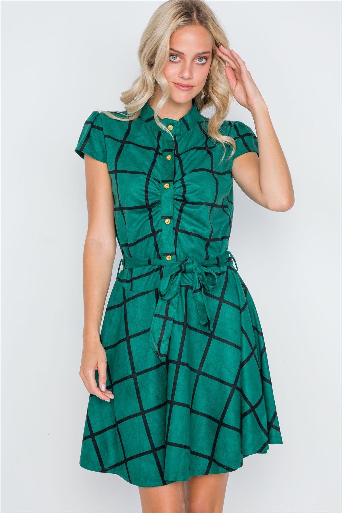 Dark Green Check A-Line Faux Suede Mini Dress /2-2