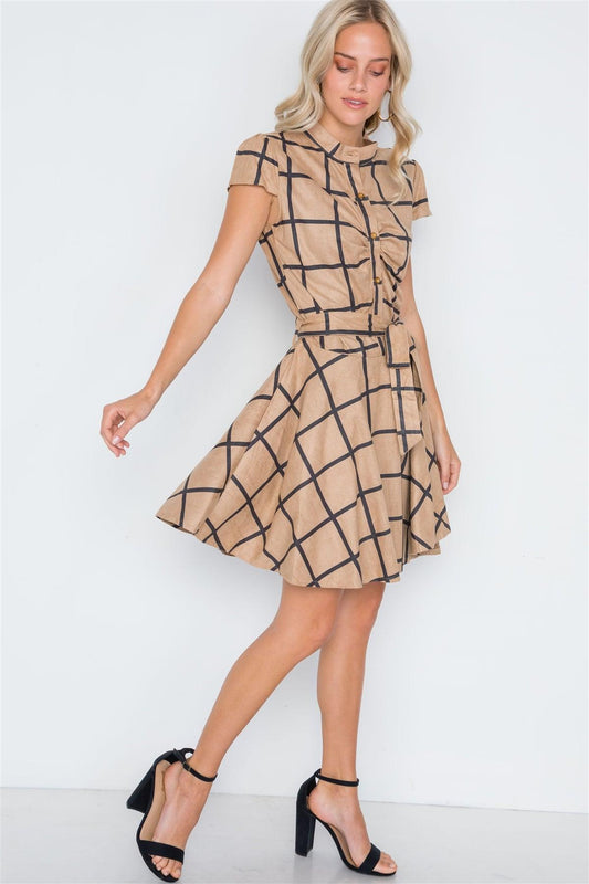 Khaki Check A-Line Faux Suede Mini Dress /1-2-2