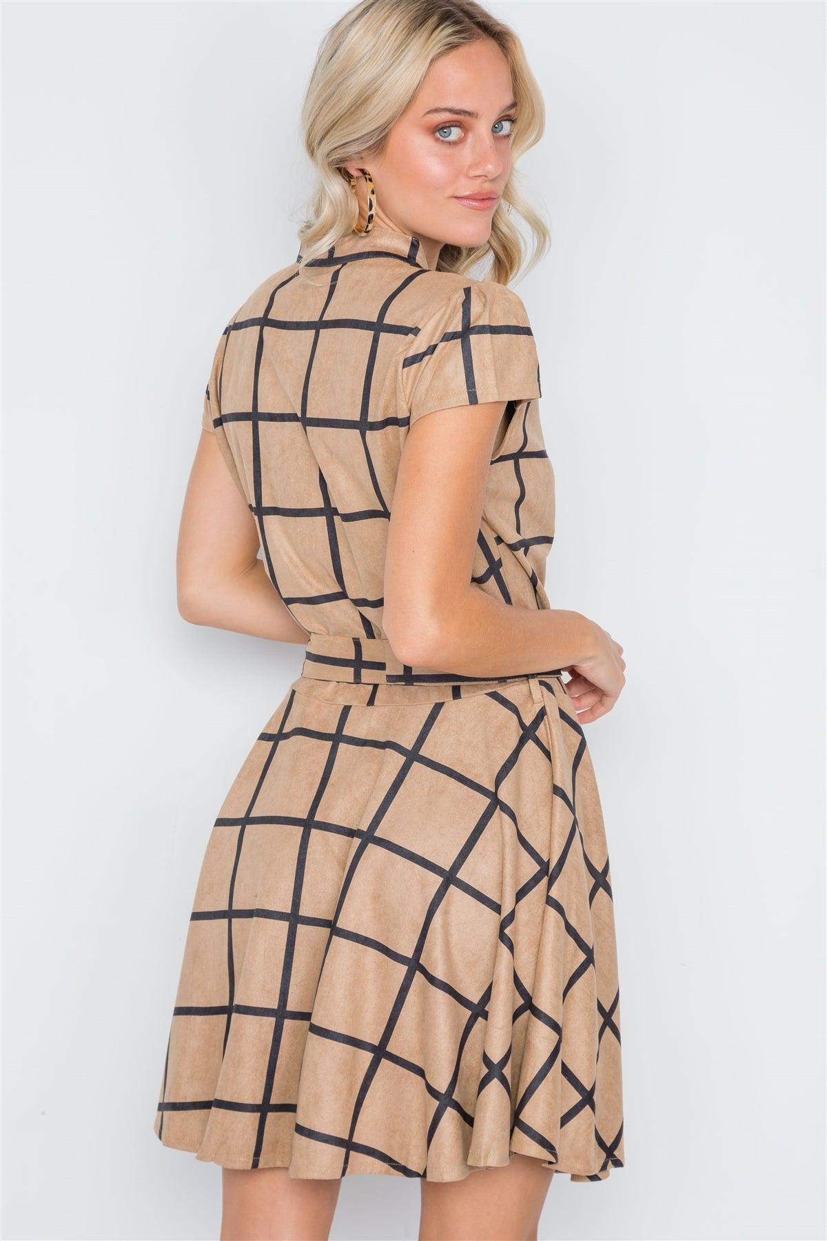 Khaki Check A-Line Faux Suede Mini Dress /2-2-2