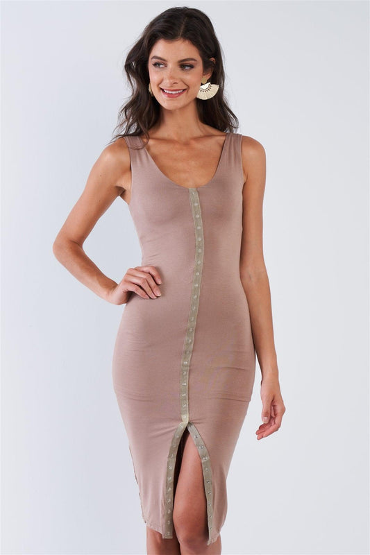 Khaki Snap Up Button Sleeveless Scoop Neck Body-Con Midi Dress /2-2-2