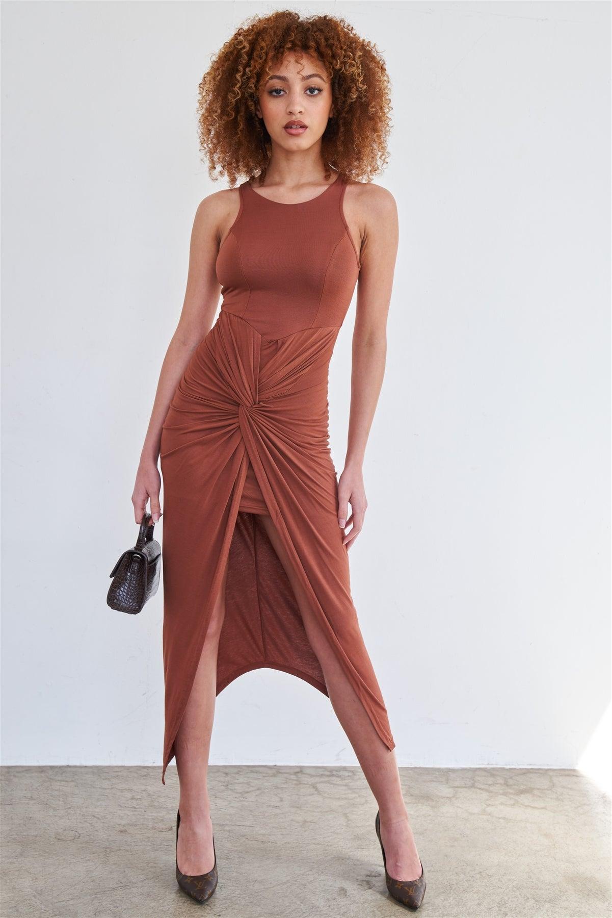 Coffee Sleeveless Knotted Skirt Snatched Midi Body-Con Tank Dress /2-2-2