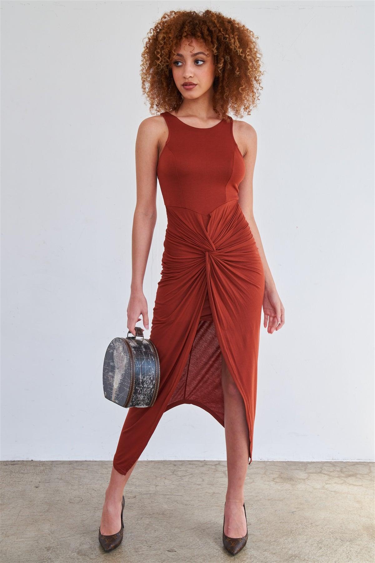 Rust Sleeveless Knotted Skirt Snatched Midi Body-Con Tank Dress /2-2-2