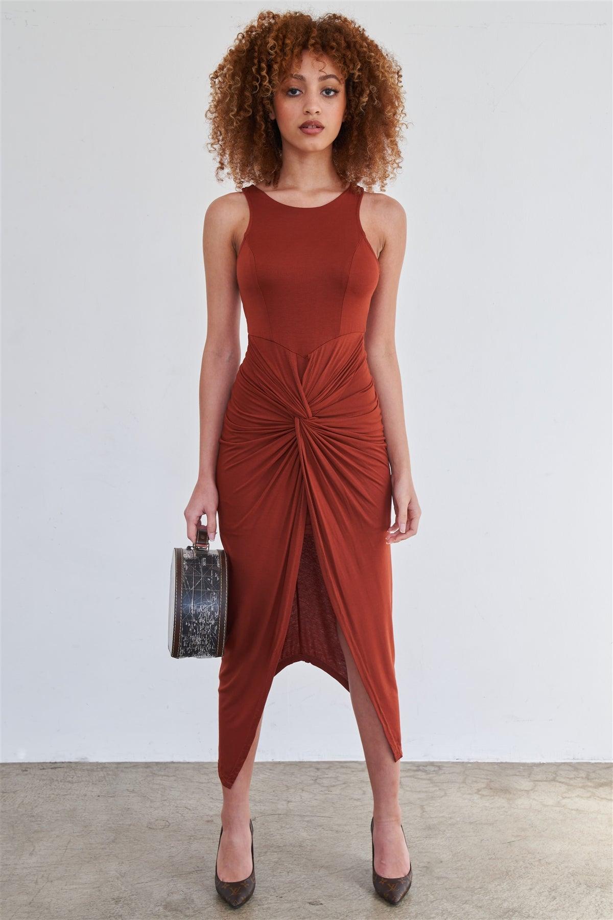 Rust Sleeveless Knotted Skirt Snatched Midi Body-Con Tank Dress /2-2-2