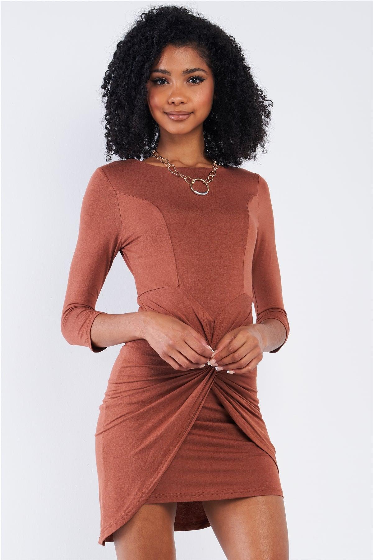 Caramel Coffee Brown Asymmetrical Tight Fit Midi Sleeve Round Neck Front Twist Wrap Detail Mini Dress /2-2-2