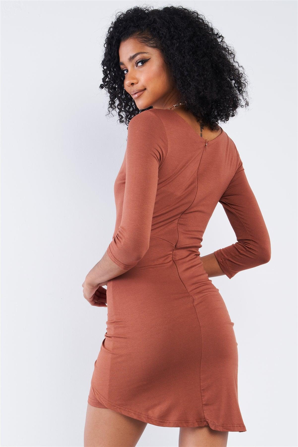 Caramel Coffee Brown Asymmetrical Tight Fit Midi Sleeve Round Neck Front Twist Wrap Detail Mini Dress /2-2-2