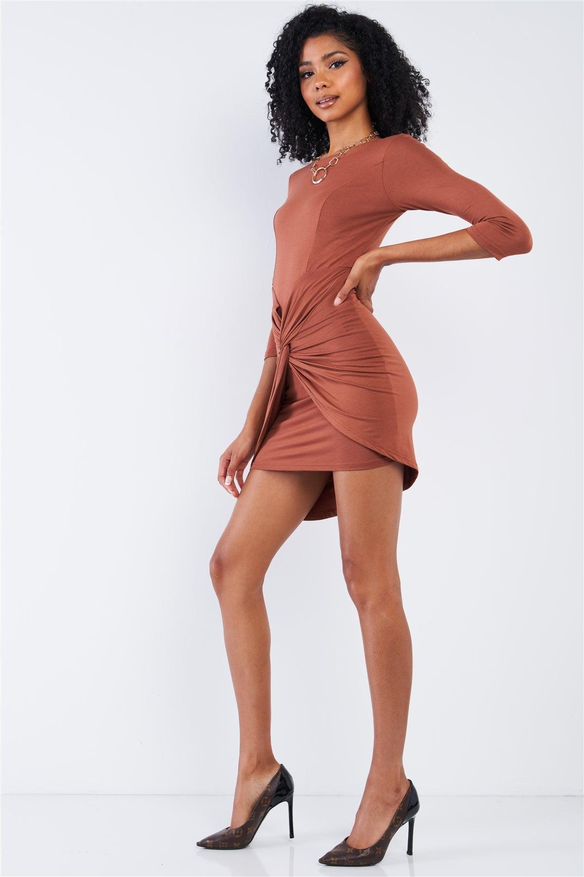 Caramel Coffee Brown Asymmetrical Tight Fit Midi Sleeve Round Neck Front Twist Wrap Detail Mini Dress /2-2-2