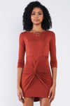 Rust Red Asymmetrical Tight Fit Midi Sleeve Round Neck Front Twist Wrap Detail Mini Dress /2-2-2