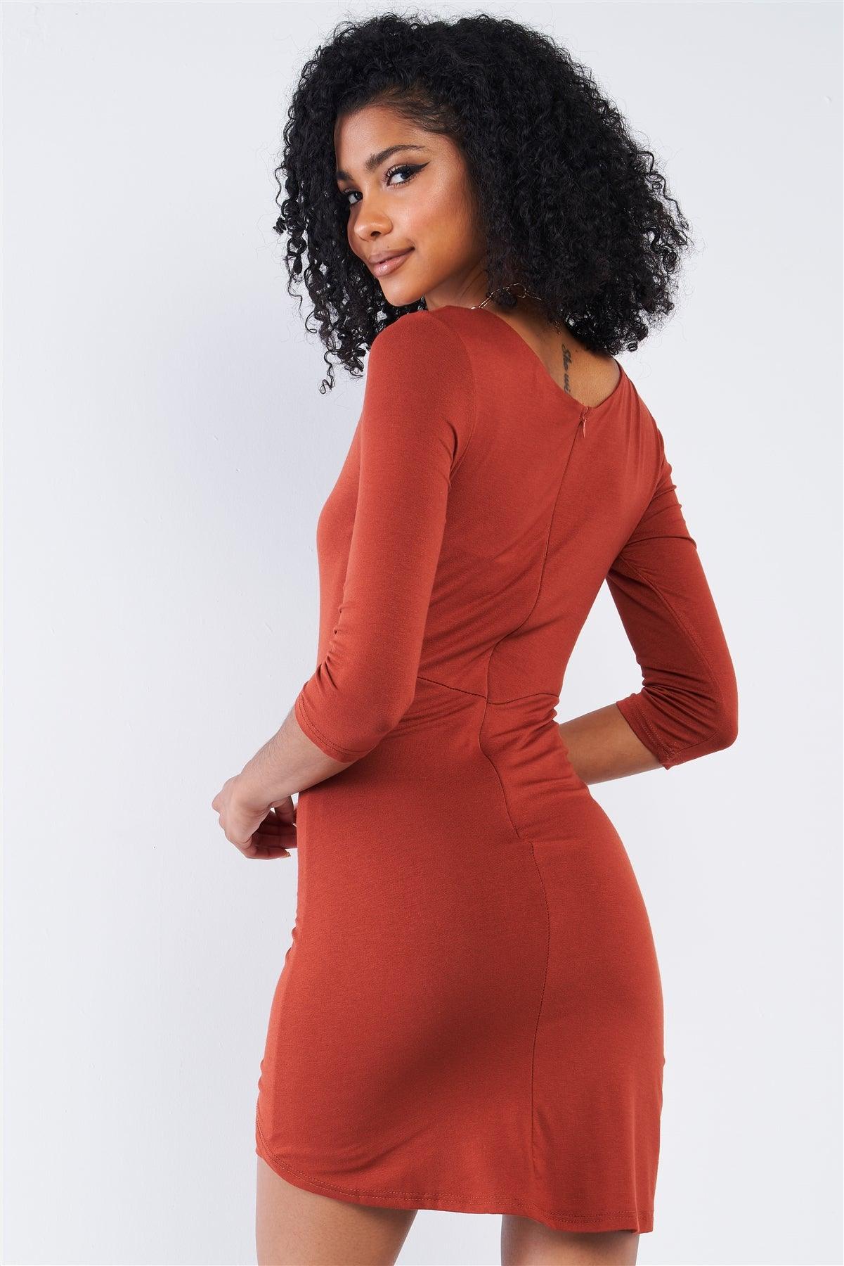 Rust Red Asymmetrical Tight Fit Midi Sleeve Round Neck Front Twist Wrap Detail Mini Dress /2-2-2