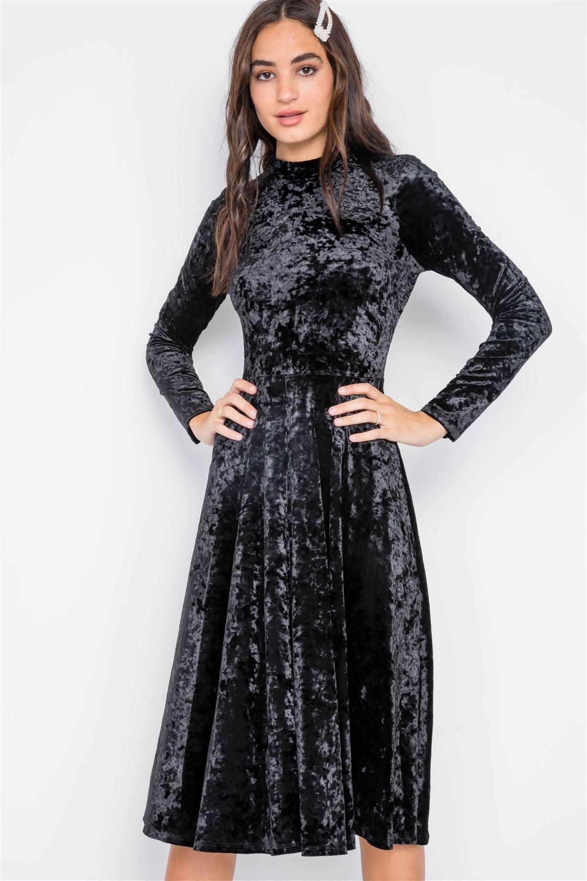 Black Crushed Velvet Long Sleeve A-Line Midi Evening Dress