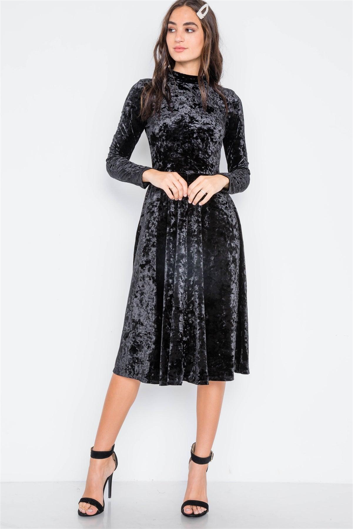 Black Crushed Velvet Long Sleeve A-Line Midi Evening Dress