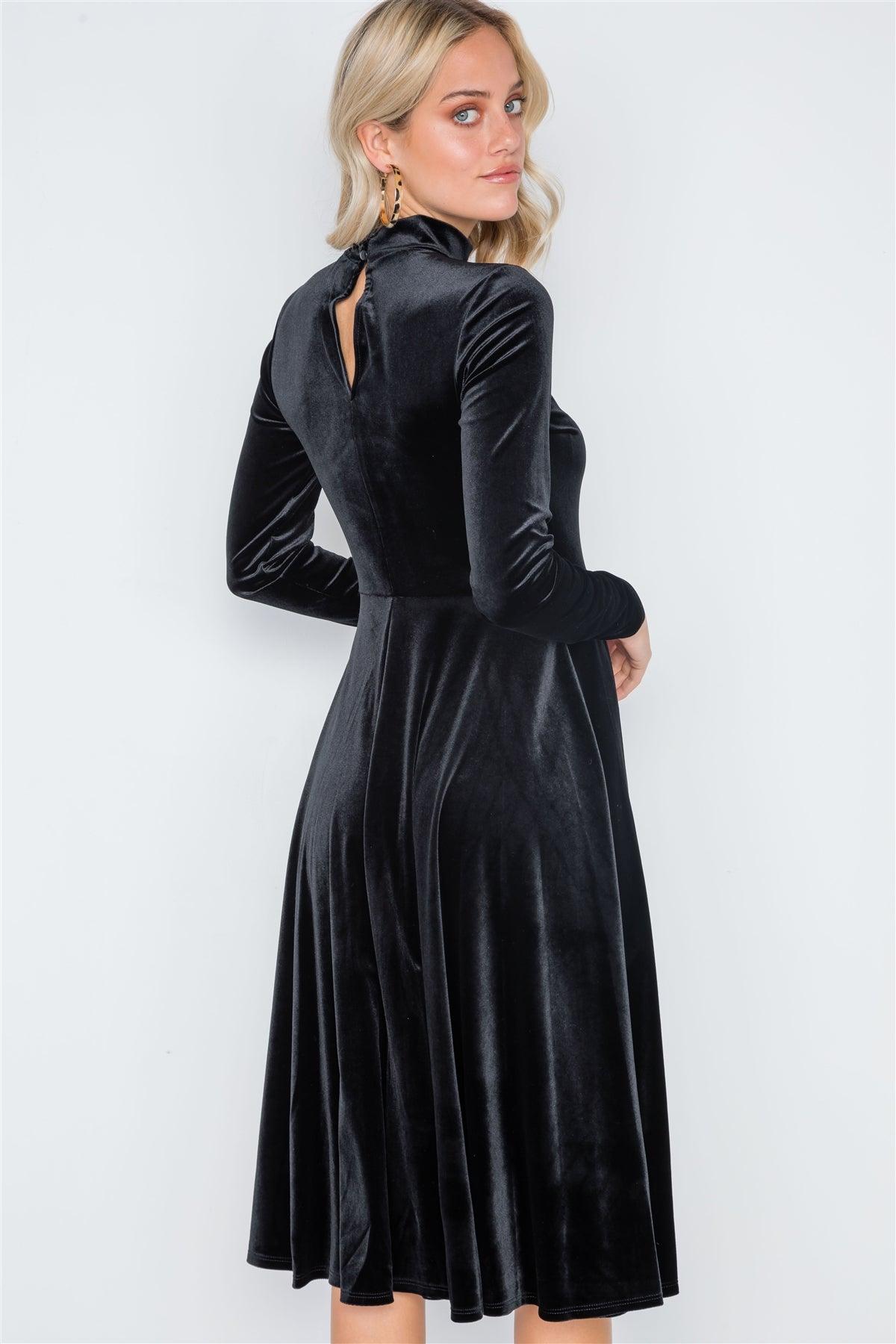 Black Velvet Long Sleeve A-Line Midi Evening Dress /2-2-2