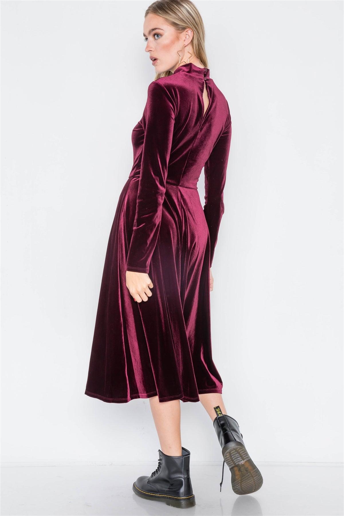 Wine Velvet Long Sleeve A-Line Midi Evening Dress