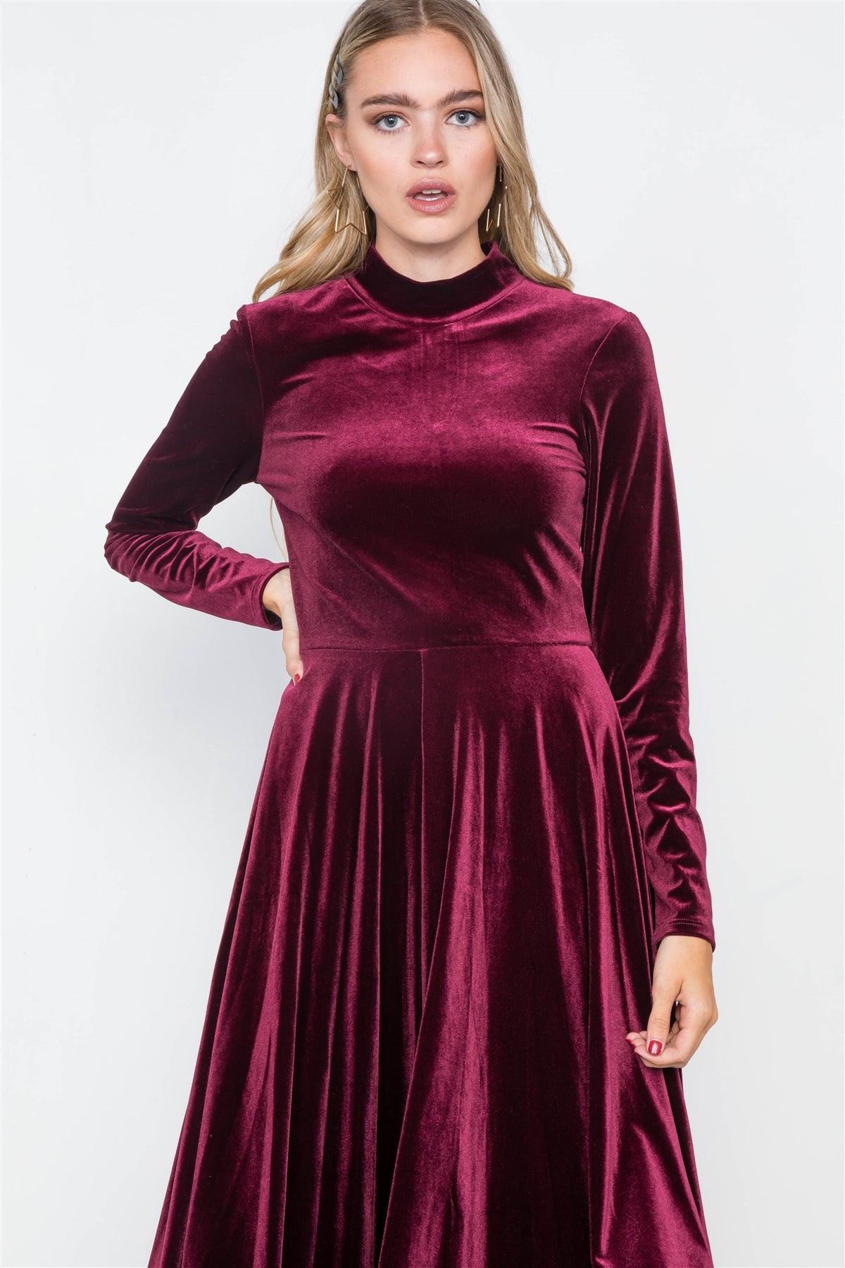 Wine Velvet Long Sleeve A-Line Midi Evening Dress