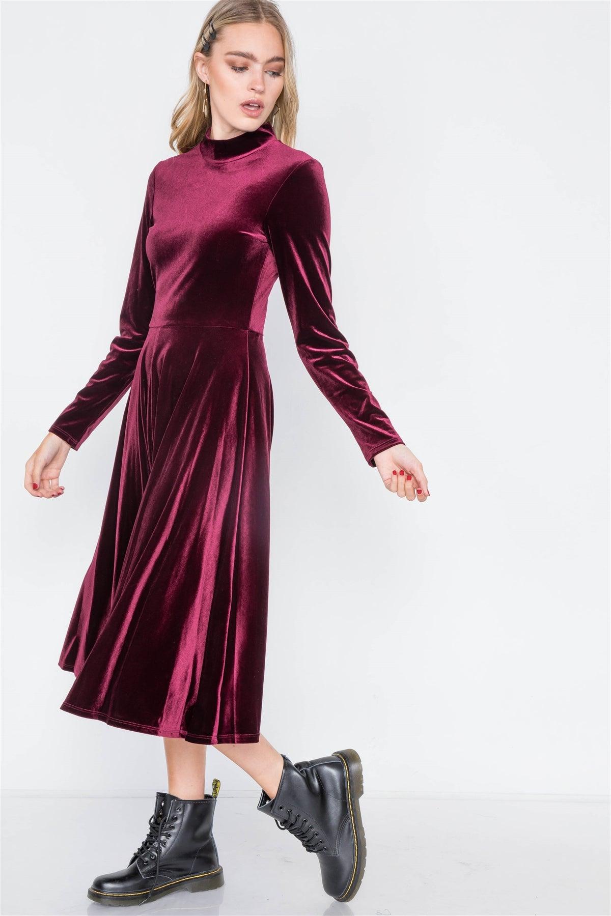 Wine Velvet Long Sleeve A-Line Midi Evening Dress