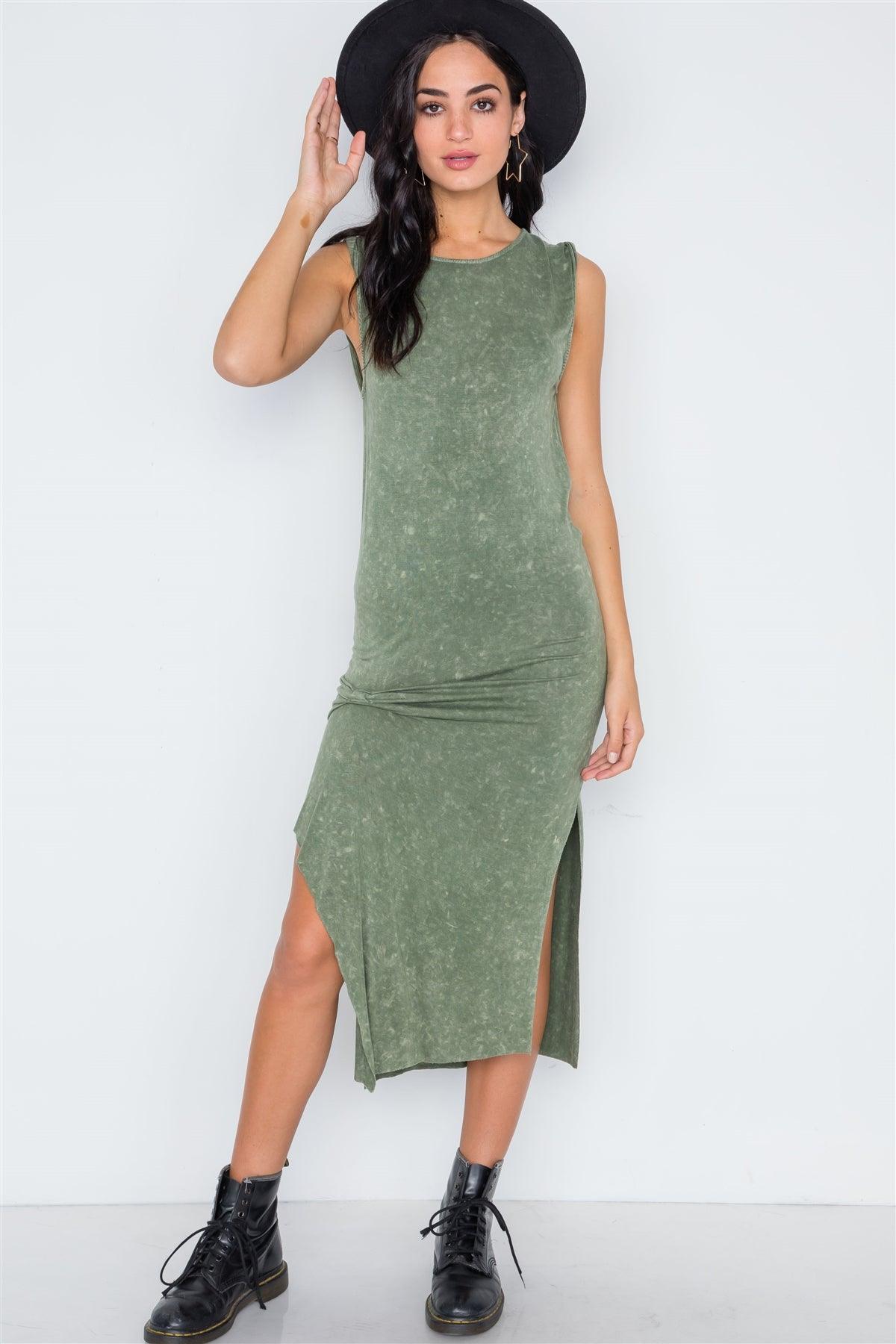 Olive Green Mineral Acid Wash Sleeveless Side Slit Midi Dress /2-2-2