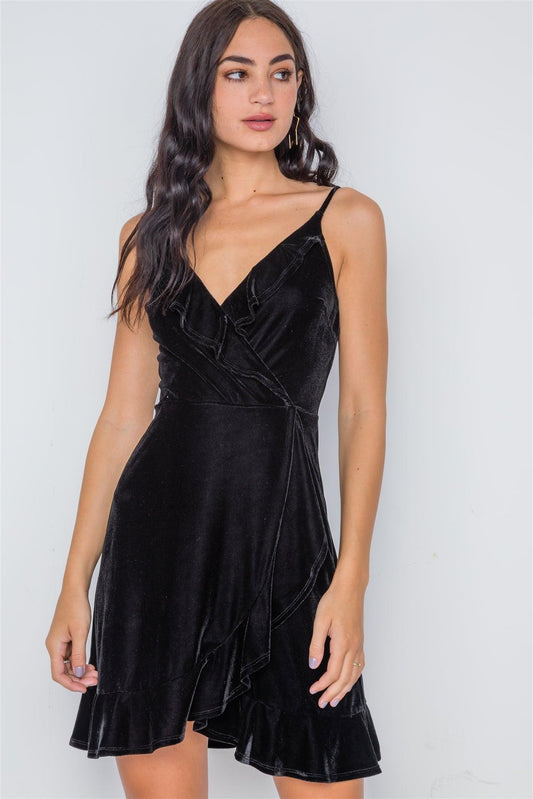 Black Velvet Cami Surplice Neck Ruffle Mini Dress /2-2-2