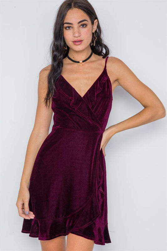 Burgundy Velvet Cami Surplice Neck Ruffle Mini Dress /2-2-2