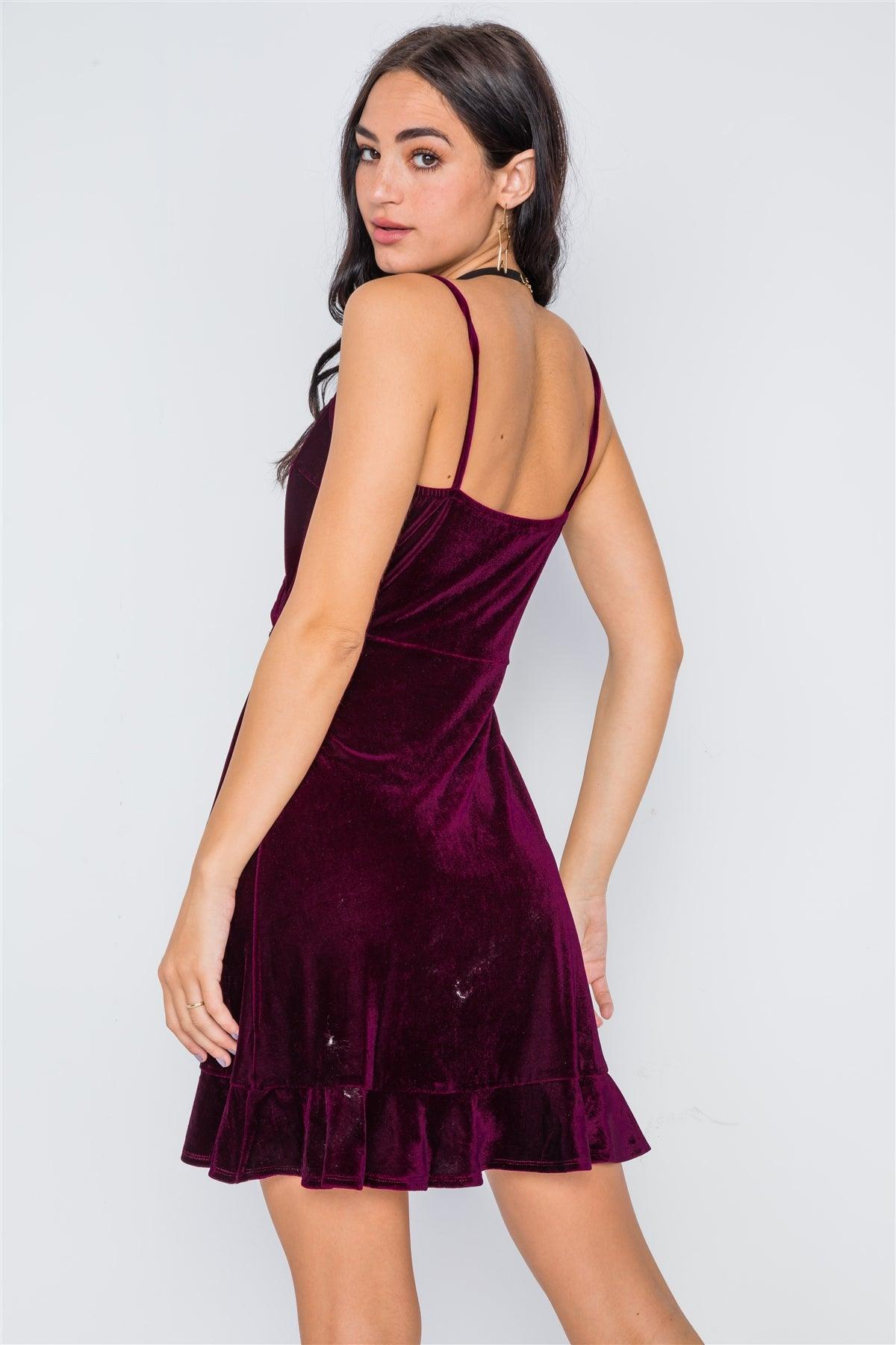 Burgundy Velvet Cami Surplice Neck Ruffle Mini Dress