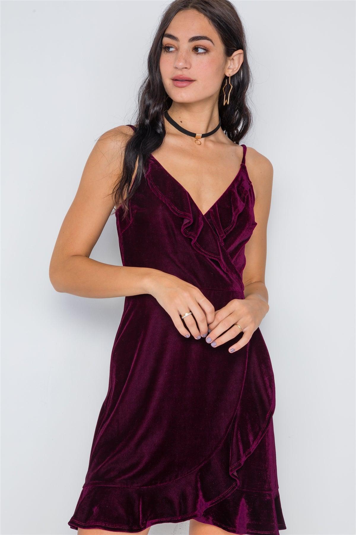 Burgundy Velvet Cami Surplice Neck Ruffle Mini Dress