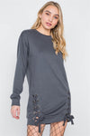 Charcoal Knit Lace-Up Long Sleeve Sweater Dress /2-2-2