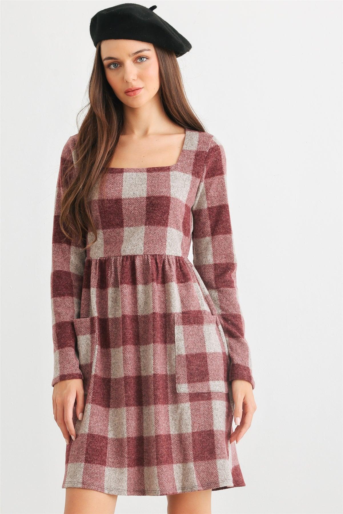 Wine & Taupe Plaid Two Pocket Square Neck Long Sleeve Mini Dress /2-2-2