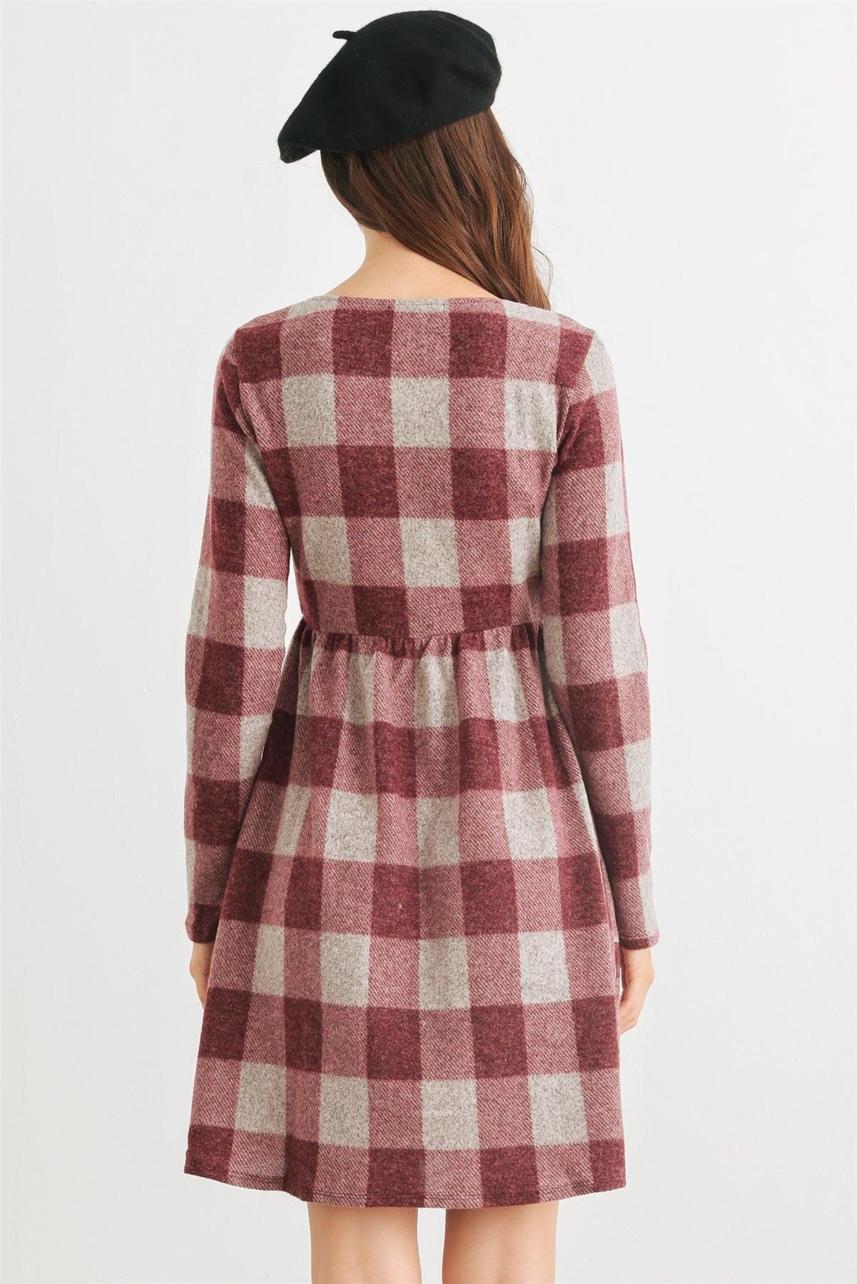 Wine & Taupe Plaid Two Pocket Square Neck Long Sleeve Mini Dress /2-2-2