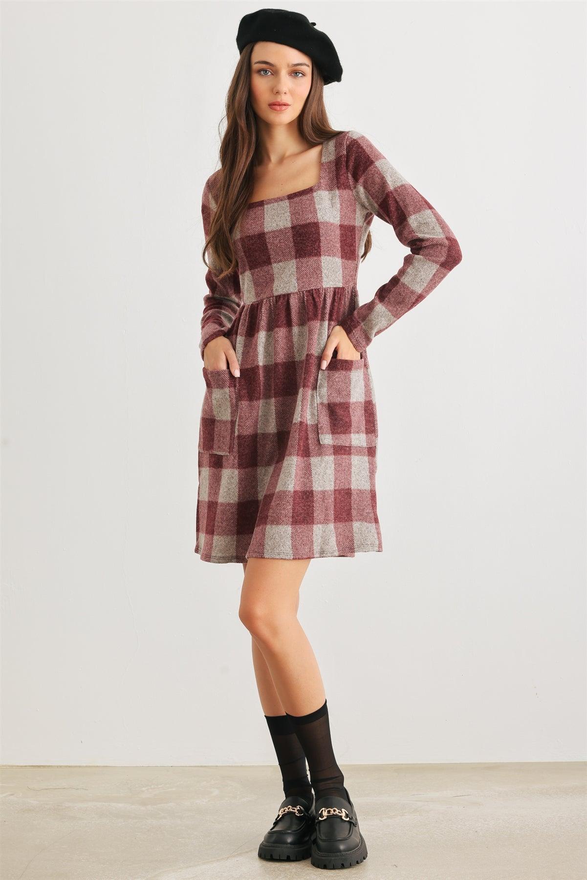 Wine & Taupe Plaid Two Pocket Square Neck Long Sleeve Mini Dress /2-2-2