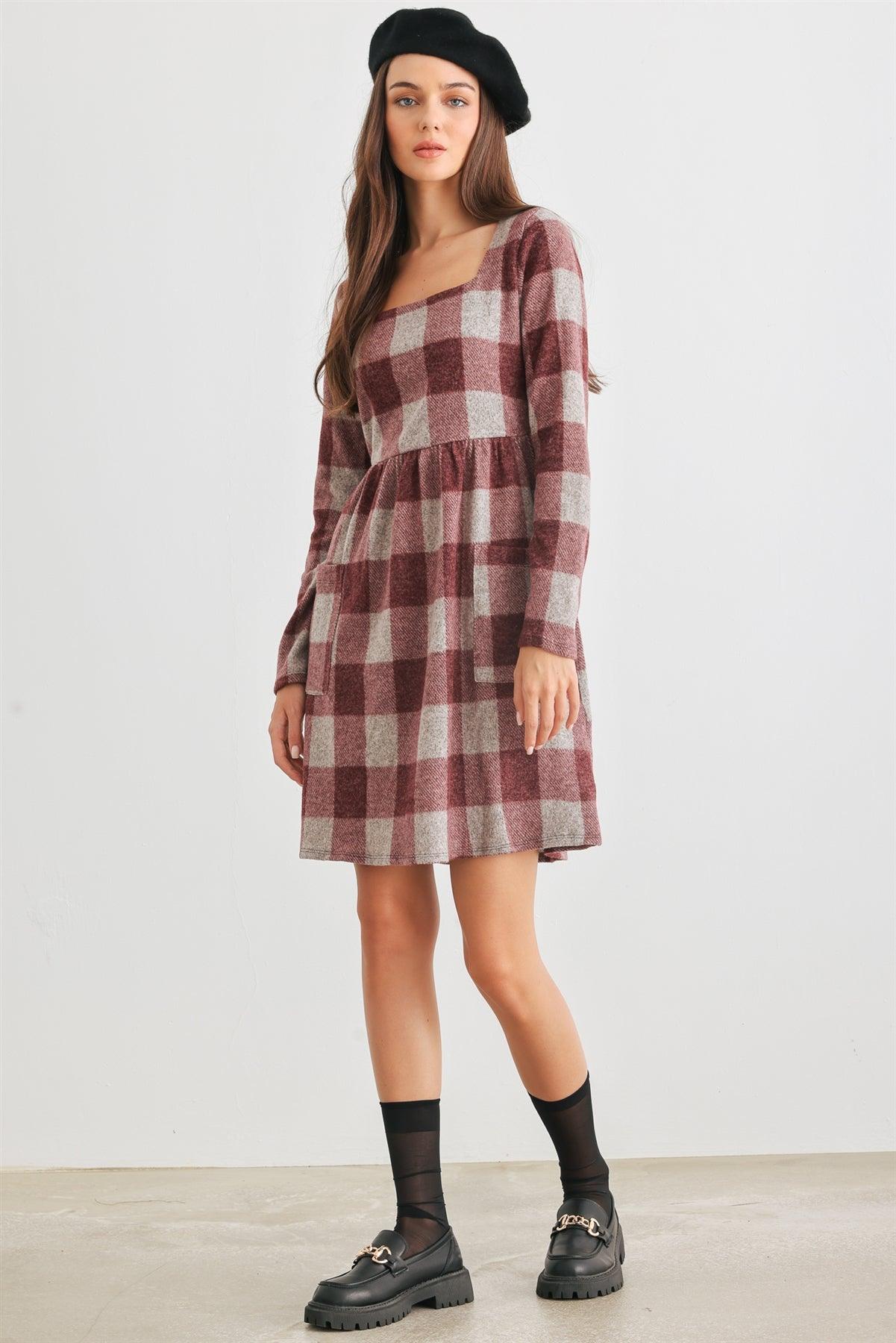 Wine & Taupe Plaid Two Pocket Square Neck Long Sleeve Mini Dress /2-2-2