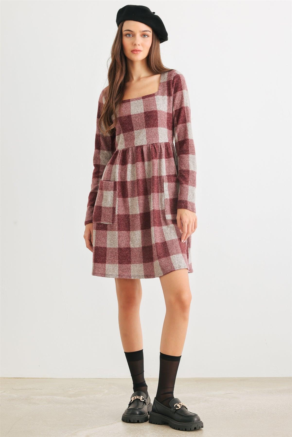 Wine & Taupe Plaid Two Pocket Square Neck Long Sleeve Mini Dress /2-2-2