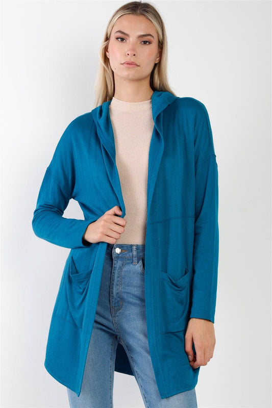 Blue Long Sleeve Open Front Hooded Cardigan /2-2-2