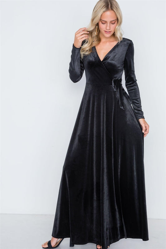 Black Velvet Surplice Neck Maxi Evening Dress /2-2-2