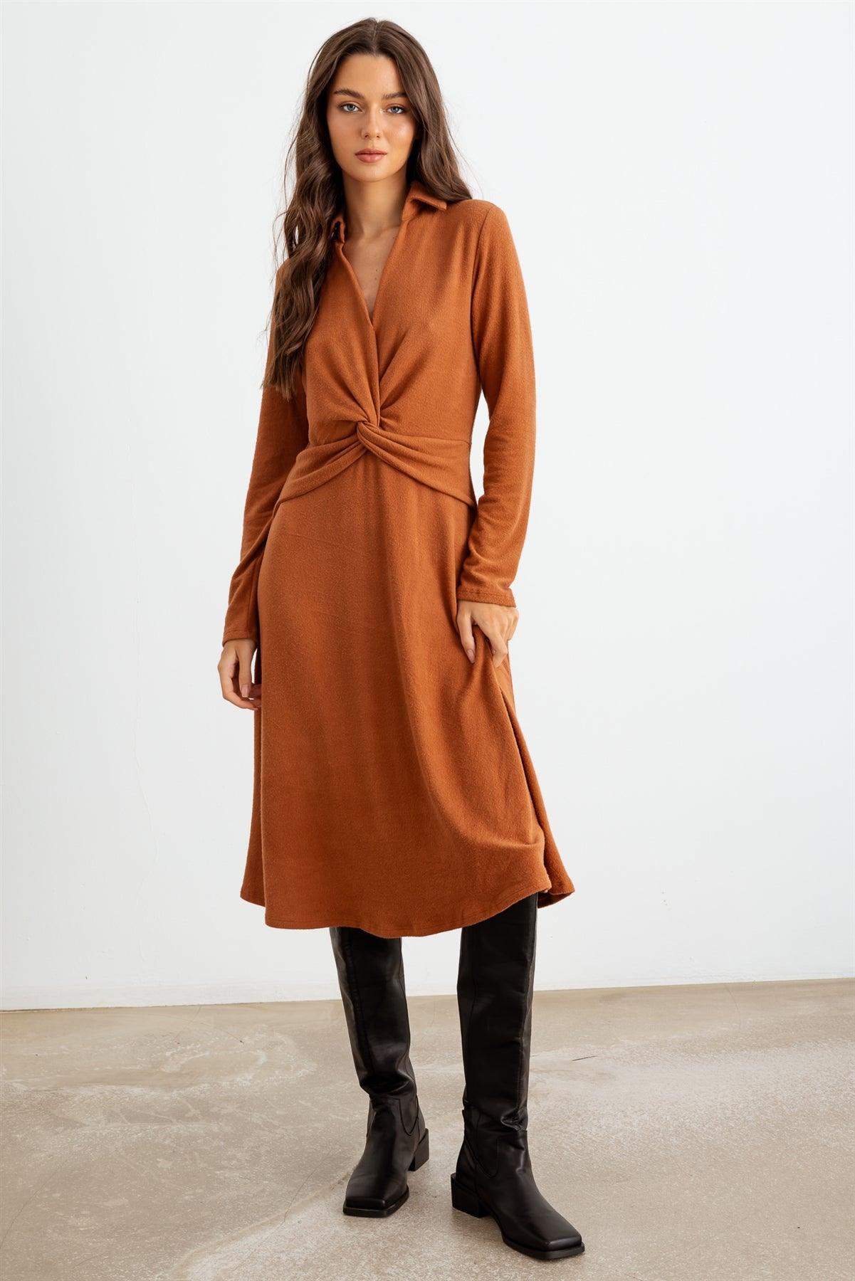 Rust Collar Neck Long Sleeve Twist Front Midi Dress /1-2-2