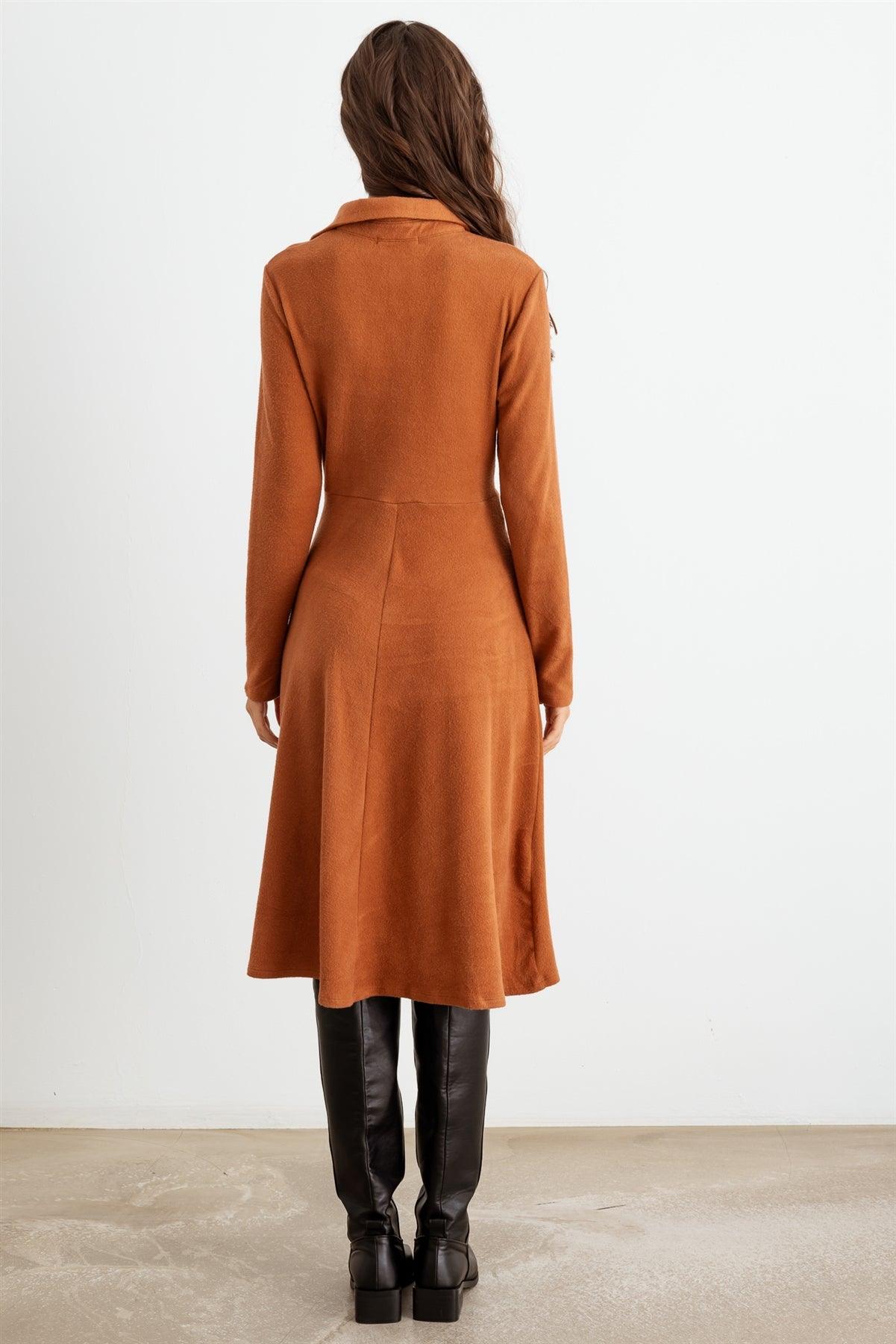 Rust Collar Neck Long Sleeve Twist Front Midi Dress /1-2-2