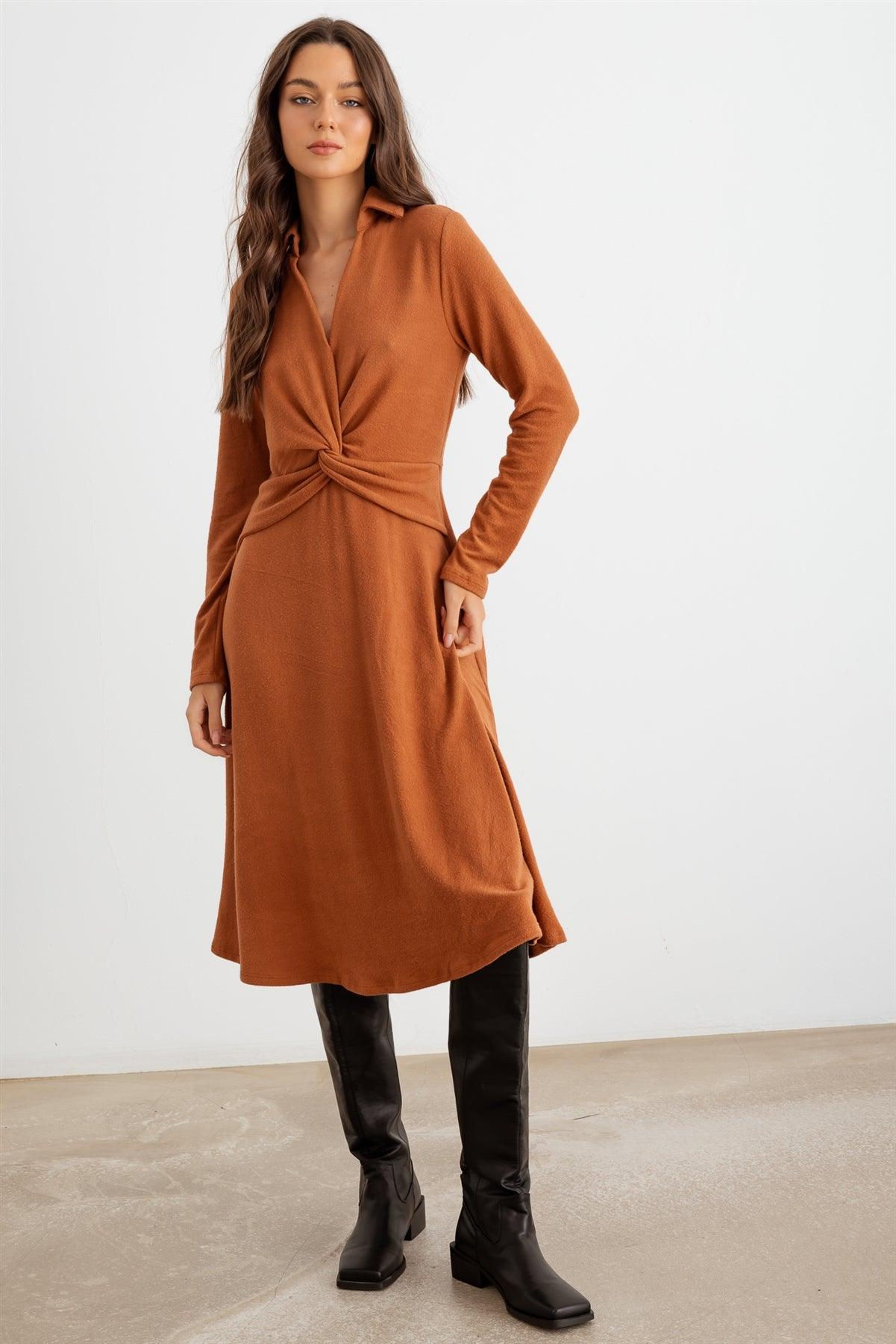 Rust Collar Neck Long Sleeve Twist Front Midi Dress /1-2-2