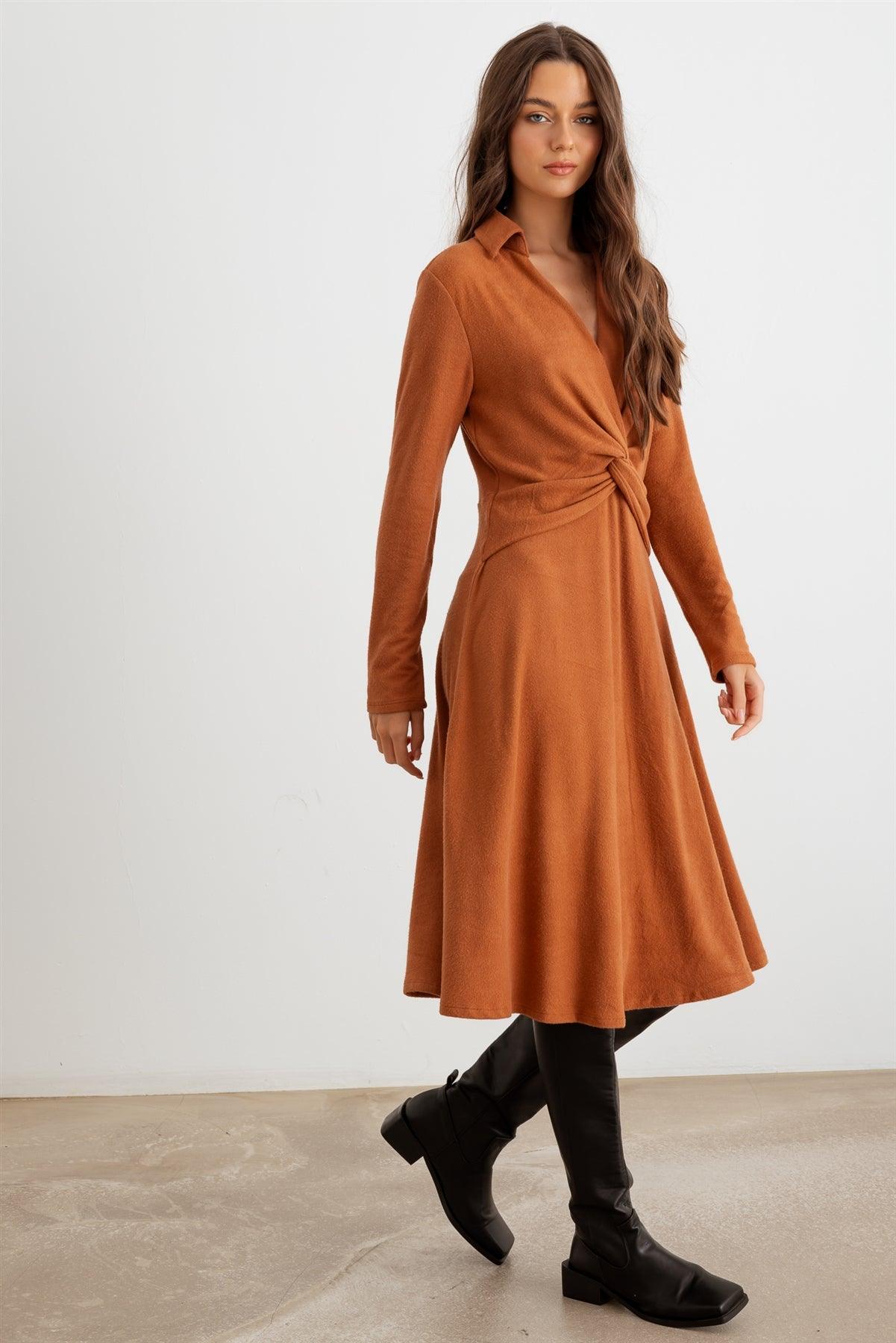 Rust Collar Neck Long Sleeve Twist Front Midi Dress /1-2-2